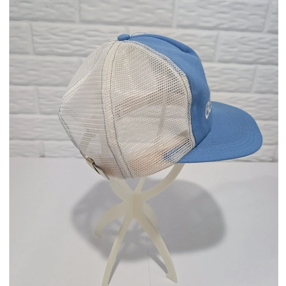 Vintage Bekaert Trucker Hat Blue White Mesh Made in USA Adjustable Snapback Cap
